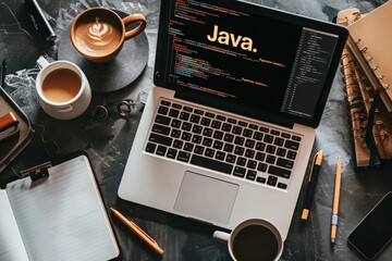 Top view of a programmers desk with an open laptop displaying Java code and a cup of coffee next to it - Powered by Adobe