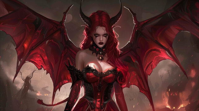 Female evil queen in red dress with horn and red wings