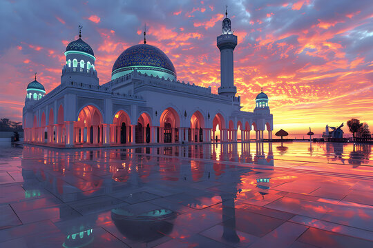 Mosque during sunset. Islamic New Year. The day of the beginning of the year according to the Islamic calendar, the first day of the month of Muharram. Muslim, tradition, religion, moon.&nbsp;