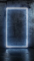 An LED-lit frame casting a soft glow on a darkened concrete wall, creating a futuristic and atmospheric display. 32k, full ultra HD, high resolution