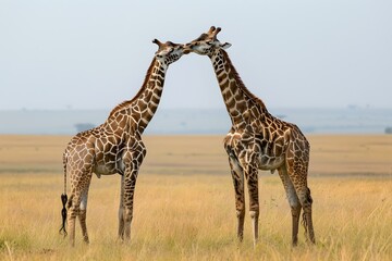 Two Giraffes in Tender Interaction on a Serene Savannah. Nature's Grace Captured. Clear, Sharp Image. Wildlife Scene. Generative AI