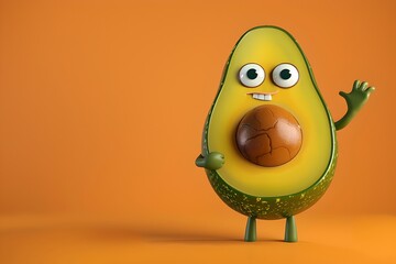 Playful Avocado Character with a Big Seed Smiling on Orange Background. Cute Illustration Style. Fun for Kids and Healthy Eating Promotion. Generative AI