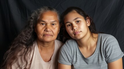 A close-up portrait of two Hispanic women, probably mother and daughter, smiling warmly, captured in a studio setting with a dark background, emphasizing their expressions.
