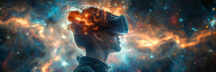 Woman Wearing VR Headset Against Starry Sky