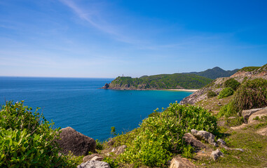 Obraz premium Aerial of Dai Lanh Lighthouse, Phu Yen province. This place is considered the first place to receive sunshine on the mainland of Vietnam.