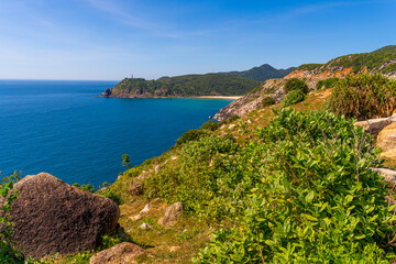 Naklejka premium Aerial of Dai Lanh Lighthouse, Phu Yen province. This place is considered the first place to receive sunshine on the mainland of Vietnam.