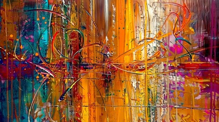 hand painted abstract oil painting, graffiti on pergament, orange scribbles, street grunge, bursting with vivid neon colors, conveying a sense of defiance and freedom