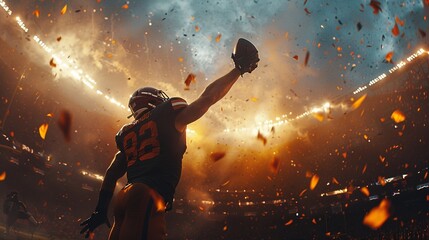 Action Arena A dynamic scene in an American football arena, capturing the moment a player extends their arm to catch a pass, amidst the electrifying atmosphere of the cheering crowd 8K , high-resoluti