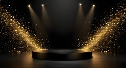 Background black podium stage gold award glitter light 3d platform product golden pedestal. Podium show black background abstract elegant ceremony dark display spotlight effect confetti night scene