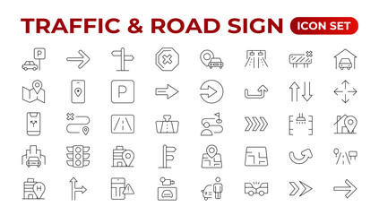 Road and traffic line icons collection. Street, transport, fuel, vehicle, location, car service icons. UI icon set. Thin outline pack. Way direction arrow sign. Roadsigns. Outline icon collection.