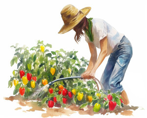 Obraz premium Young woman in hat watering peppers. Garden and vegetables. Watercolor isolated illustration on white background. 