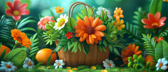 Fototapeta premium A basket full of flowers and an orange egg is placed on a green grassy field