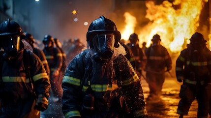 Firefighters extinguish a fire in the city at night. Firefighters fighting a fire.