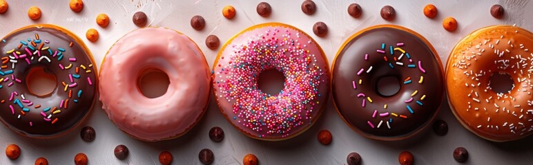 Sweet and Delicious Donuts Background, Isolated Food Cake Dessert Pastry White Bakery. Chocolate Donuts Background Sprinkles Pink Donuts Colorful Decorated Glaze Candy Eat Cookie Blue Sugar Birthday M