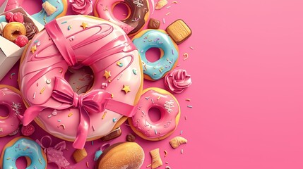 Obraz premium Sweet and Delicious Donuts Background, Isolated Food Cake Dessert Pastry White Bakery. Chocolate Donuts Background Sprinkles Pink Donuts Colorful Decorated Glaze Candy Eat Cookie Blue Sugar Birthday M