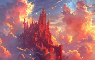 A grand red castle against a backdrop of colossal, glowing clouds, enchanted theme, whimsical, Multilayer, a vast open sky as backdrop