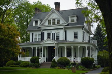 Fototapeta premium A large white house with a porch and a front yard.