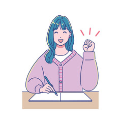 机で勉強するアニメ風の女子学生