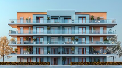 A modern apartment building with balconies and plants.