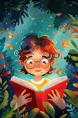 Kid's Story Book, Smiling little Boy reading a book Illustration, Children Book App advertising