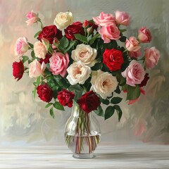 Fototapeta premium A table holds a vase filled with red, pink, and white blooms near a painting of a bare wall