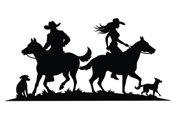 A black vector silhouette of a cowboy and cowgirl riding horses together. There is also a dog