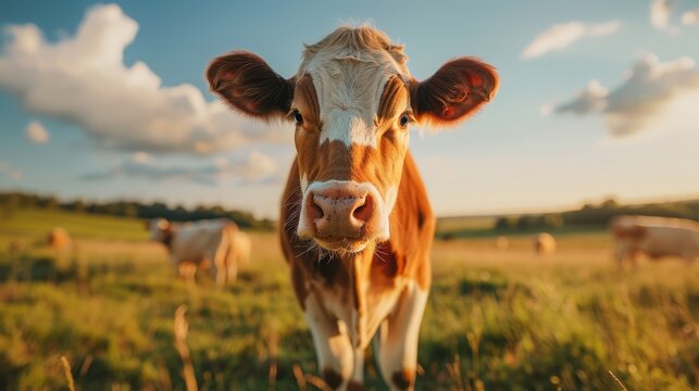  A tight shot of a brown and white cow grazing in a lush grassy field Background features clouds drifting in the sky