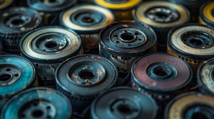Obraz premium Close-up studio shot of vintage film reels, focusing on the fine details and textures, set against an isolated background for clarity