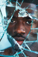 A handsome man looking through a broken glass, studio photography style on a clean background 