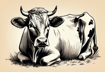 Fototapeta premium Cow in graphic style, sketch vintage illustration