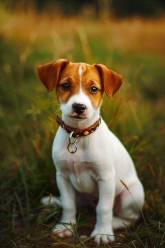 A small white and brown dog sitting in the grass.