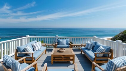Fototapeta premium outdoor room with beach view, table and chairs to enjoy the beach