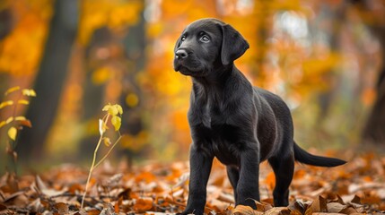 Black labrador retriever puppy in the autumn forest.