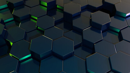 3d rendering of an abstract hexagonal background. Polished Polygonal dark surface, Hex geometry pattern. 