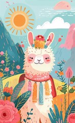 Naklejka premium Boho Style Happy Alpaca in Pierrot Outfit