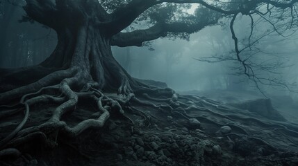 An ancient tree with sprawling roots in a dark, foggy forest, the tree's outline barely visible and giving an eerie, ancient feel to the landscape. 32k, full ultra HD, high resolution