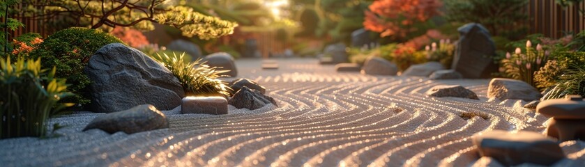 A graphic depiction of a Japanese garden, with carefully arranged rocks and plants, representing harmony with nature 8K , high-resolution, ultra HD,up32K HD