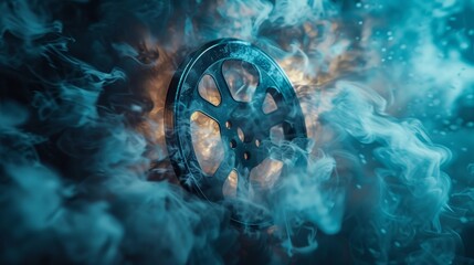 Artistic depiction of a film reel in swirling smoke, capturing the essence of cinema creativity for a Film Festival, studio lighting