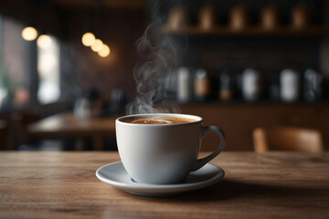 A white coffee cup with steam rising from it sits on a wooden table