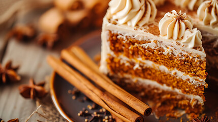 Closeup of pumpkin cheesecake with fall spices topped with whipped cream. Thanksgiving party pastry 