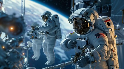 Astronauts on a space station conduct experiments, showing humanity's quest for knowledge.