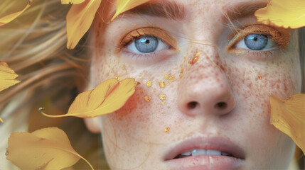 Close-up portrait of a girl with freckles and yellow petals
