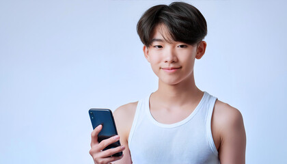 Fototapeta premium Young Asian male model using a smartphone.