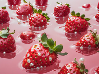 A close-up image of vibrant red strawberries floating in pink, glossy liquid with a few white pearls around them.