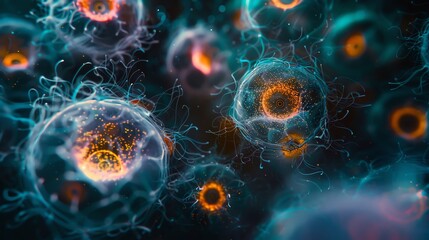 Fluorescent Stained CellsCreate a closeup image of cells under a microscope with fluorescent staining The cells should be brightly colored