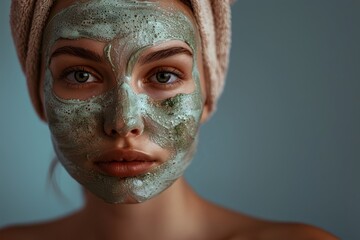 Fototapeta premium A woman wears a face mask under a towel on her head