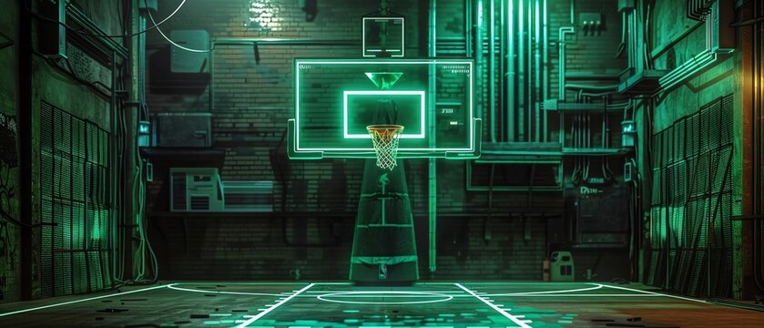 Hightech basketball with holographic display, in a minimalist court setting, SciFi, 3D, Neon green, Innovative sports equipment