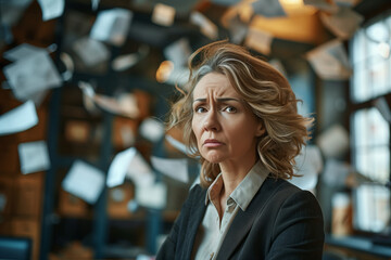 Worried Woman in business suit standing in front of a stack of flying chaos of papers
