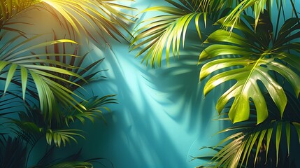palm leaves over pastel blue background