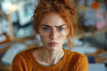Beautiful frowning tired woman office worker in glasses looking at the camera while standing against the backdrop of chaos of documents. Deadline, overtime, business problems, burnout concept
